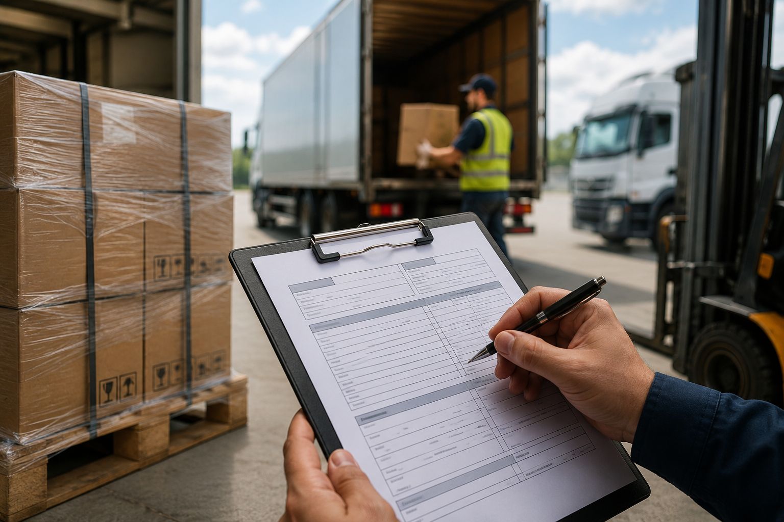 Freight worker checking a consignment note on a clipboard beside palletised goods and delivery trucks at a warehouse loading dock
